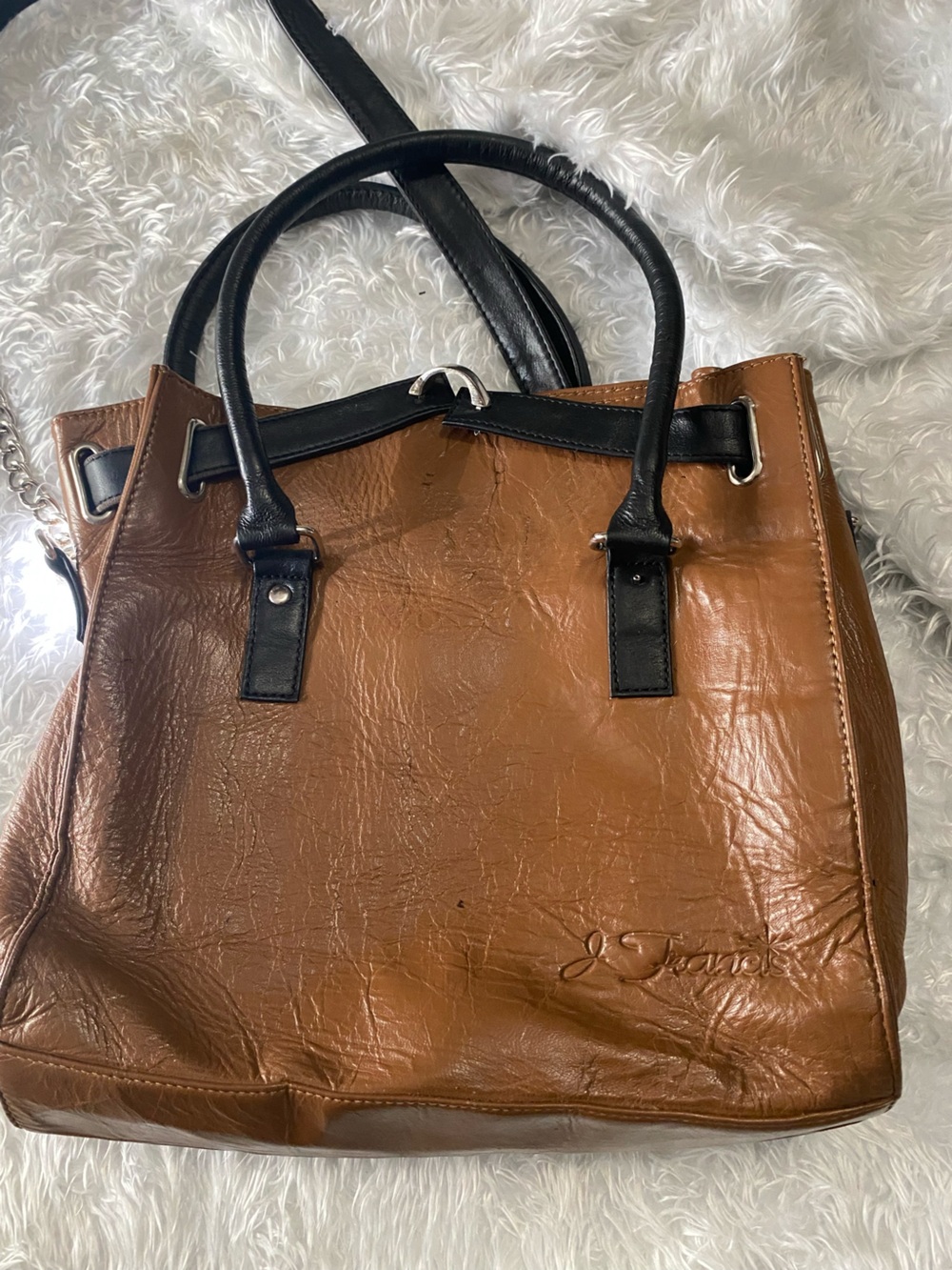 jf j.F Two-Tone Brown Leather Tote with Black Handles vintage Leather